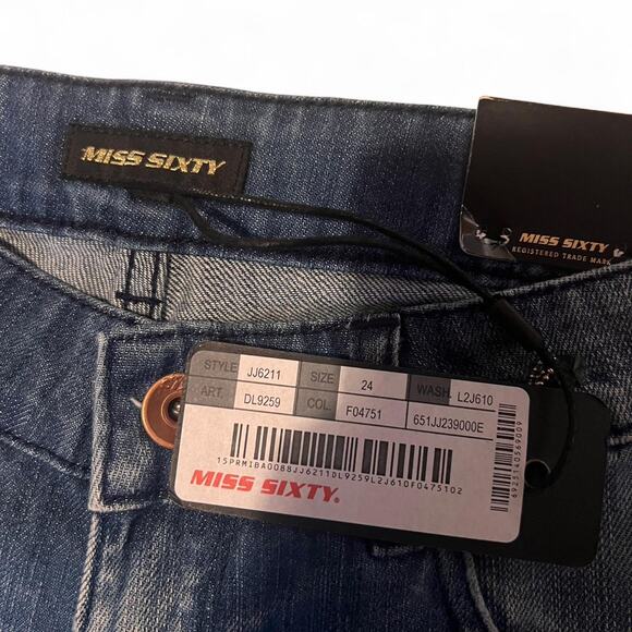 Miss Sixty Flare Jeans Y2K Low Rise Floral Bleached 2000s Deadstock NWT Size 24 - Picture 7 of 8